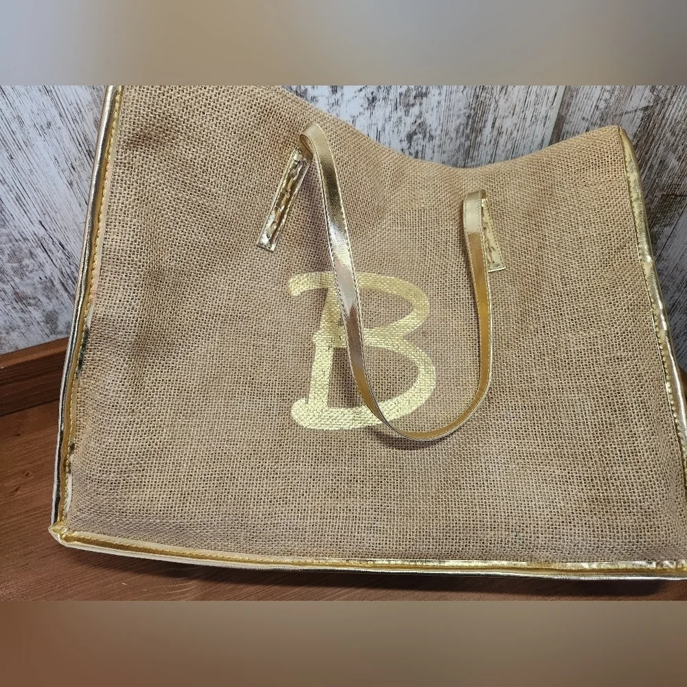 Tan Burlap with Gold Trim & Handles With Letter 